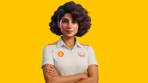 MiShell, Shell’s virtual assistant, making the number one gesture.