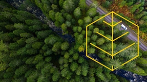 Aerial view of a river and a white truck on a road in a pine forest with an outline of the Respecting nature graph