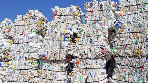 Stacks of plastic bags in a waste facility